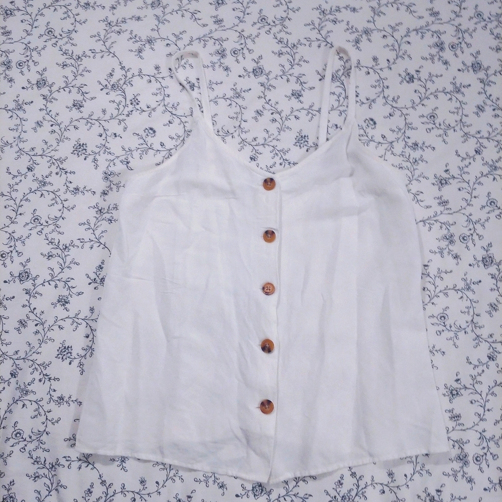 Dex White Linen Tank Top with Beige Buttons